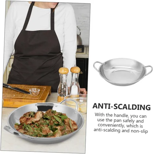 Miniatura 3 de Kichvoe Sartén de acero inoxidable Wok de fondo plano para freír hogar con asas antiadherente para servir alimentos de mariscos 7.9 in olla