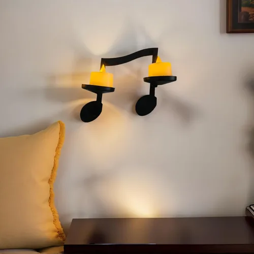 Miniatura 3 de Juego de candelabros de notas musicales 4P negros montados en la pared con bandejas plegables para velas de té, arte decorativo de pared para sala