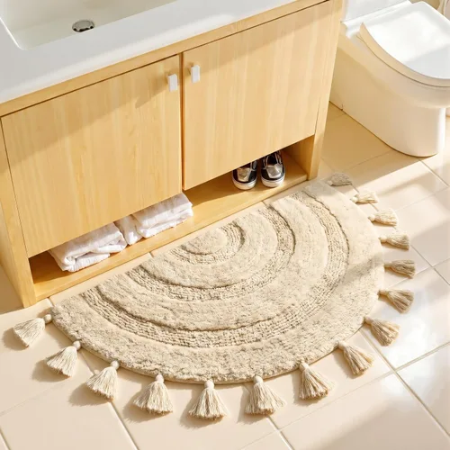 Miniatura 8 de Alfombra de medio círculo con borlas para decoración bohemia de dormitorio, extra suave, 100% algodón, tejida a mano, antideslizante, absorbente