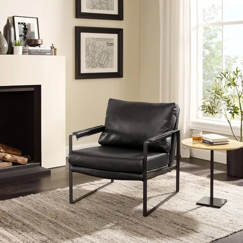Miniatura 9 de Art Leon Silla de acento moderna de mediados de siglo, de piel sintética, con patas de metal negro, silla lateral única de salón para sala de estar