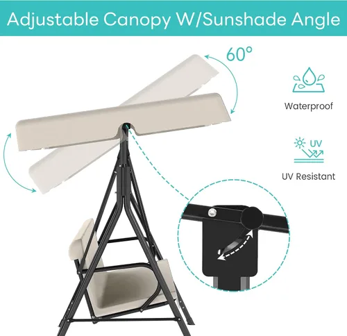 Miniatura 6 de Murago - Silla de columpio para patio al aire libre con dosel ajustable, columpio para patio al aire libre con soporte resistente para 3 personas