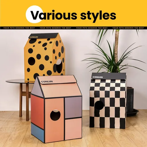 Miniatura 6 de Conlun Casa de cartón para gatos con almohadilla para rascar y hierba gatera, casa rascador para juegos de gatos para muebles de interior, rascador