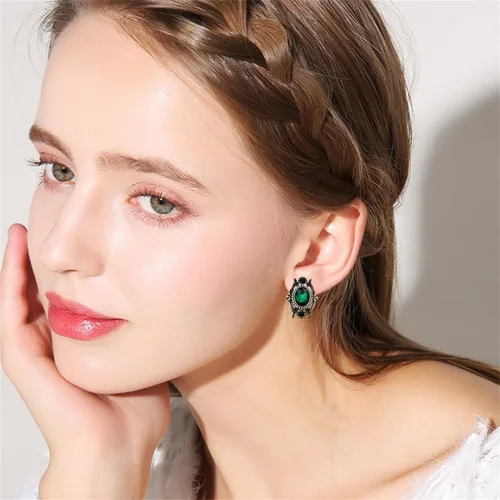 Miniatura 2 de Vintage Green CZ Stud Earrings for Women Antique Gold-Toned Cubic Zirconia Oval Crystal Shell Pearl Drop Studs Earring Boho Victorian Style Hollow