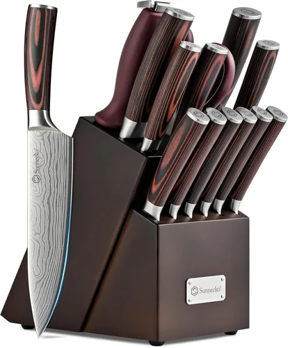Miniatura 10 de Sunnecko Juego de cuchillos con bloque y afilador, juego de bloque de cuchillos de cocina de 15 piezas, cuchillos de cocina afilados, acero Blanco
