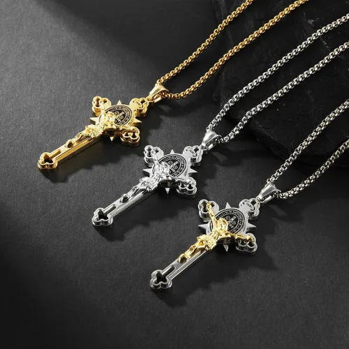 Miniatura 2 de Collar con colgante de cruz de oración del Señor de acero inoxidable con crucifijo de Jesucristo y versículo bíblico para hombresniñosmujeres