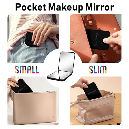 Miniatura 5 de Espejo compacto, espejo de bolsillo LED con aumento 1x/3x, pequeño espejo de maquillaje de viaje iluminado para bolso, bolso, plegable, de mano