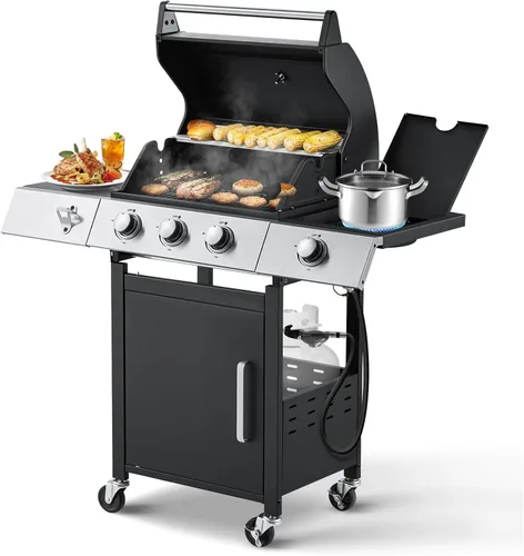MELLCOM Parrilla de barbacoa de acero inoxidable mejorada de 36,000 BTU, parrilla de gas propano BBQ de 3 quemadores con rejillas de hierro fundido