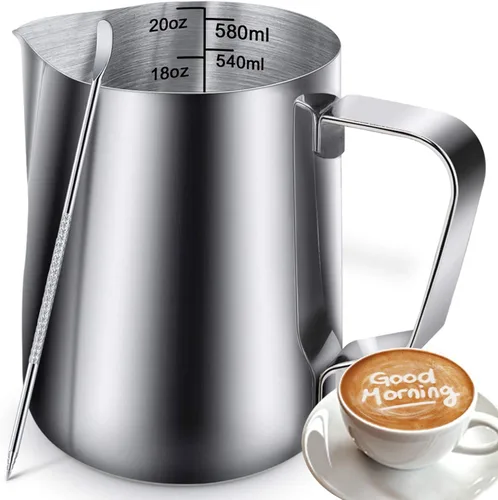 Jarra de espuma de leche de 20 onzas de acero inoxidable - Jarra de crema para vaporizar espresso y café capuchino - Jarra de espuma de leche con