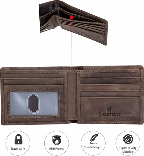 Miniatura 2 de Lositto Cartera de cuero de grano superior con bloqueo RFID para hombres, excelente como plegable de viaje