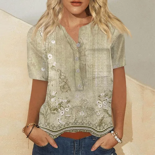 Miniatura 2 de Camisetas casuales Henley con botones para mujer, con bolsillo, manga corta, estampado geométrico, cuello en V, ropa de verano