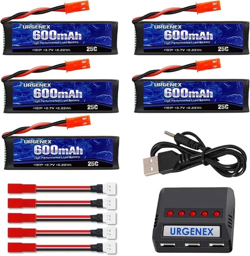3.7 V Lipo Batería 600 mAh con JST Plug 1S Li-Po Batería con Cargador de Batería X5 para UDI U817 U817A V959 V222 V929 RC Drone Quadcopter 5PCS