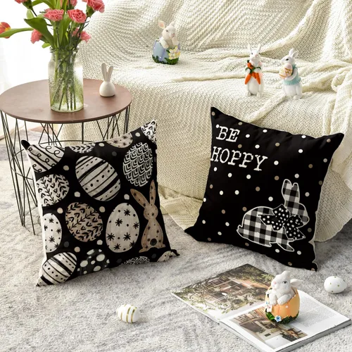 Miniatura 3 de AVOIN colorlife Juego de 4 fundas de almohada negras de 16 x 16 pulgadas con diseño de conejo de Pascua Happy Easter Be Hoppy Rabbit