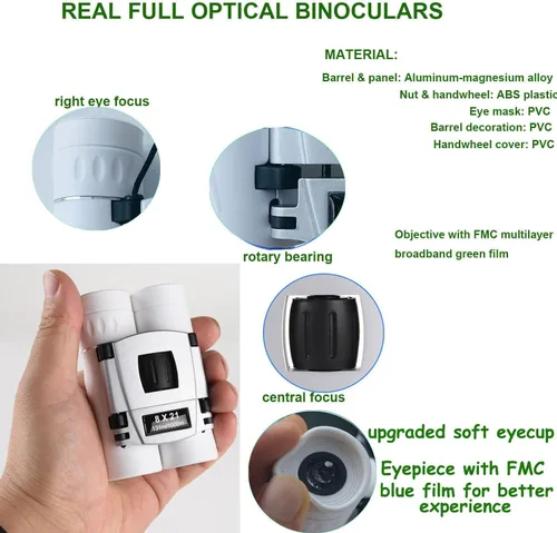 Miniatura 2 de Binoculares compactos de 8 x 21 para adultos y adolescentes, mini prismáticos ópticos completos pequeños para observación de aves, ópera, Blanco