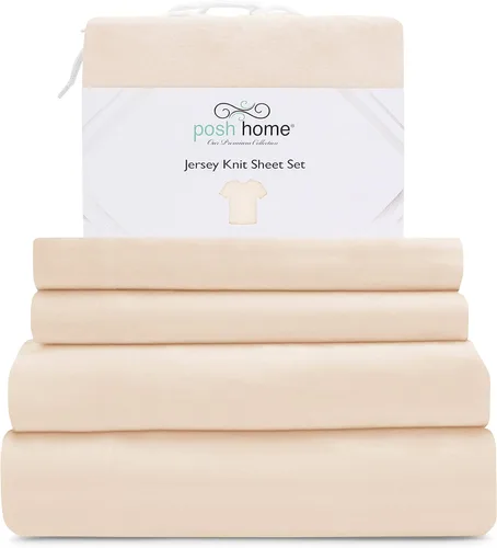 Miniatura 9 de Posh Home Juego de sábanas de punto de jersey, sábanas de 3 piezas, sábanas de jersey de algodón transpirable y suave, incluye sábana encimera