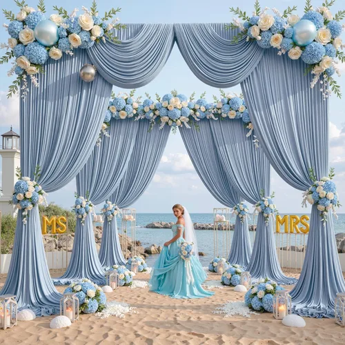 Miniatura 67 de Cortinas de telón de fondo blanco de 30 pies x 8 pies para fiestas de boda, 6 paneles de 5 pies x 8 pies, cortinas de fotografía de poliéster sin