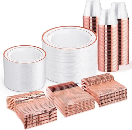 Miniatura 12 de WELLIFE Juego de vajilla desechable de 600 piezas color dorado y blanco para 100 invitados, platos de plástico blanco con borde dorado, platos