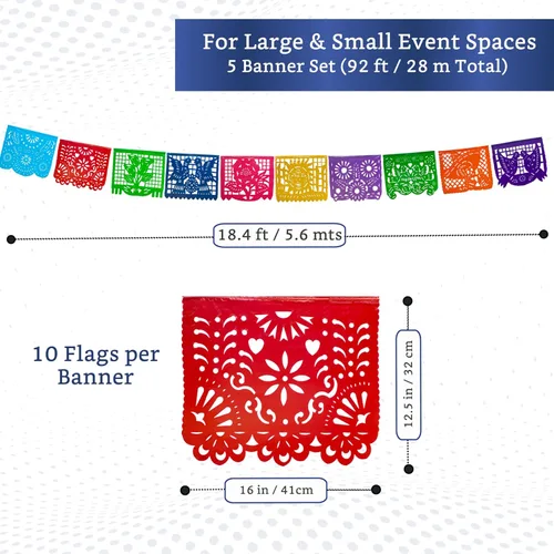 Miniatura 2 de Pancartas de fiesta mexicana (paquete de 5 con 10 banderas de plástico por bandera), papel picado mexicano para fiesta, papel picado de plástico