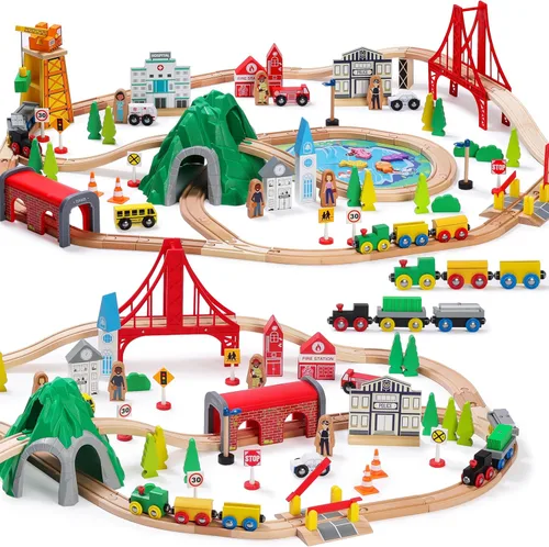 SainSmart Jr. Juego de tren de madera de 112 piezas para niños pequeños – Pistas de tren de doble cara, compatibles con Brio, Thomas, Melissa & Doug