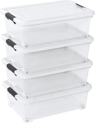 Caja de almacenamiento de plástico para debajo de la cama de 20 L con ruedas, paquete de 4 contenedores transparentes para debajo de la cama