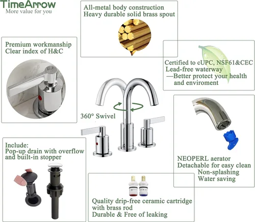 Miniatura 4 de TimeArrow TAF830C-CP - Grifo de lavabo de baño de 2 manijas cromadas, 3 agujeros con drenaje emergente, arco alto, moderno, 8 pulgadas, grifo