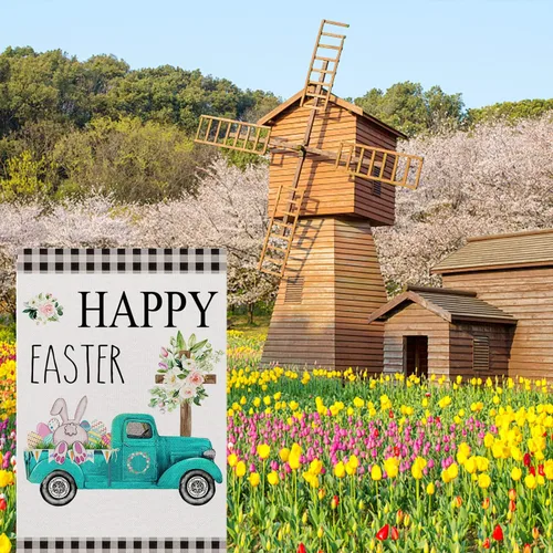 Miniatura 7 de Bandera de jardín con texto en inglés «Happy Easter» – Bandera de jardín de mariposa floral de 12 x 18 pulgadas para decoración al aire libre