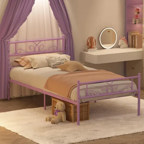 Miniatura 4 de Weehom - Base de cama tamaño individual con cabecero, estribo, soporte de listones de acero, cama metálica tamaño individual, no necesita somier