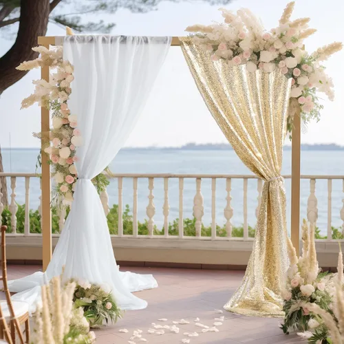 Miniatura 4 de Tela drapeada para arco de boda, 1 panel de cortinas de arco blanco de 28 pulgadas x 19 pies y 1 panel de 16 pulgadas x 19 pies, cortinas de tela