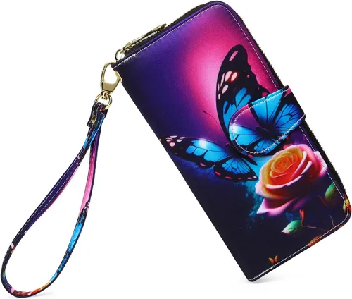Miniatura 14 de Cartera de mano para mujer, estilo bohemio, con RFID, elegante, espaciosa con correa para viajes, capacidad para tarjetas, teléfono, dinero