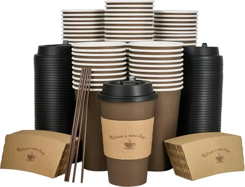 Miniatura 8 de LITOPAK Paquete de 100 tazas de café de papel de 12 onzas con tapas, fundas y palitos de agitación para café, agua o jugo, tazas de papel 12 oz