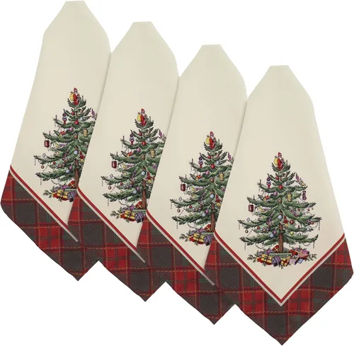Spode - Juego de servilletas, decoración del hogar navideño, juego de 4 (colección de tartán de árbol de Navidad Spode)