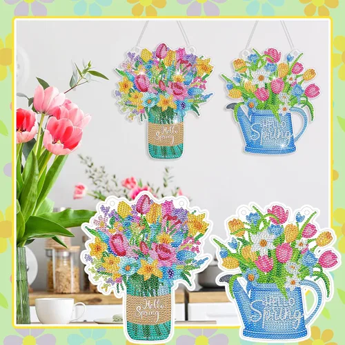 Miniatura 4 de Threehoney Kit de 3 piezas de corona de pintura de diamantes de primavera, tulipán, flor, gnomo, arte de diamante, corona colgante, adornos