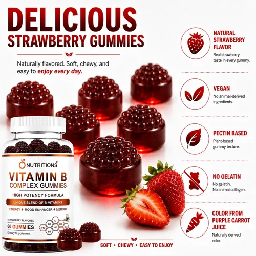Miniatura 5 de O NUTRITIONS Gomitas veganas de complejo de vitamina B con vitamina B12, B7 como biotina, B6, B3 como niacina, B5, B6, B8, B9 como folato