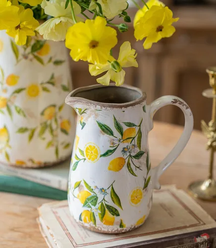 Jarrón vintage de limón de cerámica con asa, jarrón de granja retro con esmalte helado agrietado para decoración del hogar, sala de estar, estante,