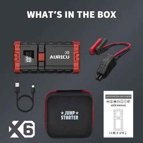 Miniatura 4 de X6 1600A Jump Starter Paquete de refuerzo de batería de litio de 12 V, caja de salto portátil, banco de energía y cables de puente para motores