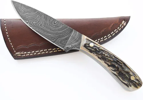 Miniatura 8 de Cuchillo de Caza de Damasco con Mango de Asta de Ciervo y Funda de Cuero (Damascus Tracker, Hoja de 4.5 Pulgadas)