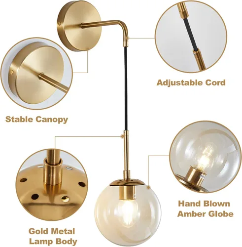 Miniatura 3 de Modo Lighting - Lámpara de pared moderna de mediados de siglo, minimalista, ajustable, de latón crudo, redonda, lámpara de lectura (pantalla ámbar)
