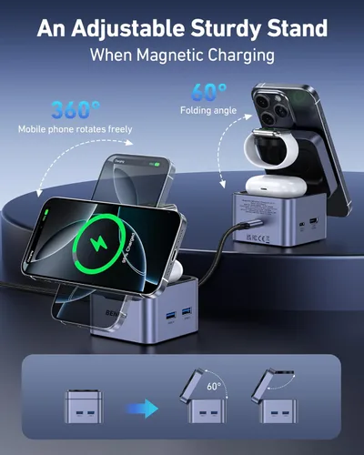 Miniatura 5 de BENFEI Soporte de cargador MagSafe plegable 3 en 1 con concentrador USB C, estación de carga inalámbrica para iPhone 16/15/14/13/12, Apple Watch