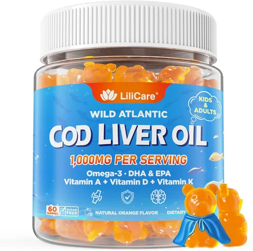 Gomitas de aceite de hígado de bacalao de 1000 mg para niños y adultos, con Omega 3 (EPA y DHA), vitaminas A, D3 y K2, aceite de hígado de bacalao