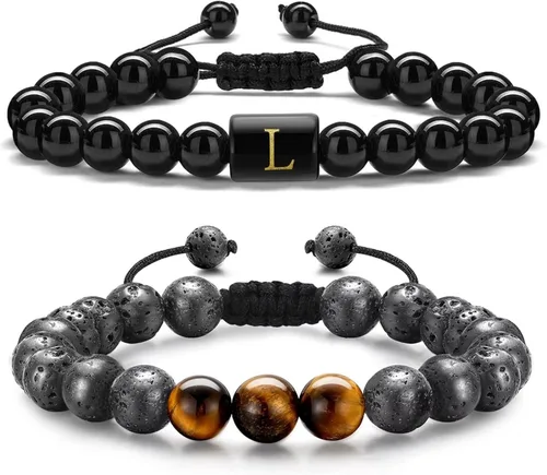 STORUP Pulseras de cuentas con iniciales para hombre, piedra de lava de ojo de tigre de 0.315in, hechas a mano con letras de obsidiana, pulseras