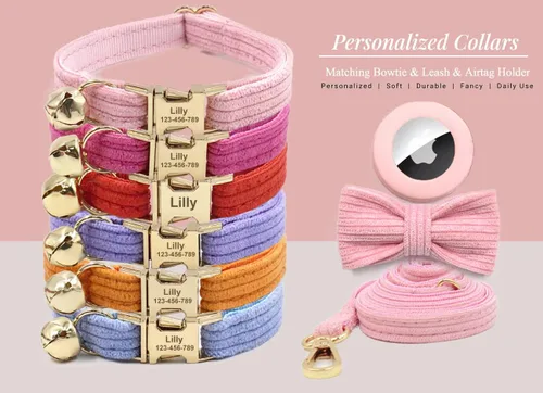Miniatura 2 de Collar de gato personalizado con nombre y número de teléfono grabado para gatito niño y niña Estilo de pana