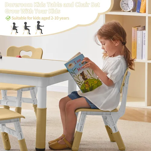 Miniatura 6 de DOREROOM Juego de Mesa y Sillas para Niños Pequeños para 4, 47.2''L x 23.6''A Juego de Mesa y Sillas de Estudio para Niños, Altura Ajustable, Beige