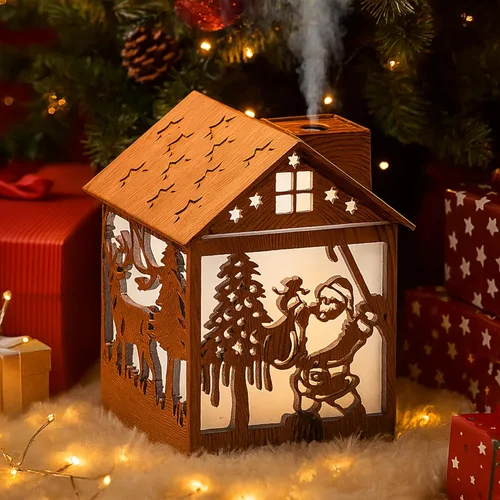 Mini humidificador de Navidad, humidificador de madera de niebla fría de 8.1 fl oz con silueta de Papá Noel, luces LED de 7 colores, alimentado por