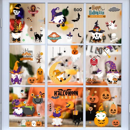 Miniatura 9 de AUAUY Decoración de ventana de Halloween, 9 hojas, 70 unidades, calcomanías para ventana, imágenes de ventana de doble cara con calabaza