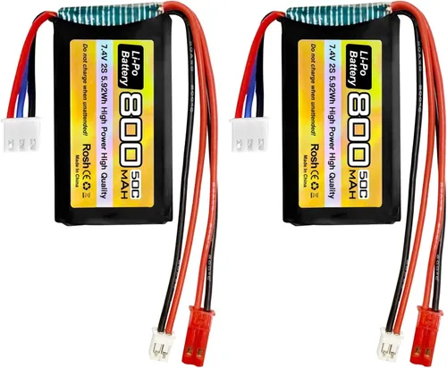 2 unidades 7.4V LiPo 2S 50C JST y PH2.0 Plug 800mAh Batería para SCX24 RC Car Compatible con la mayoría de las baterías RC 1/10, 1/16, 1/18, 1/24