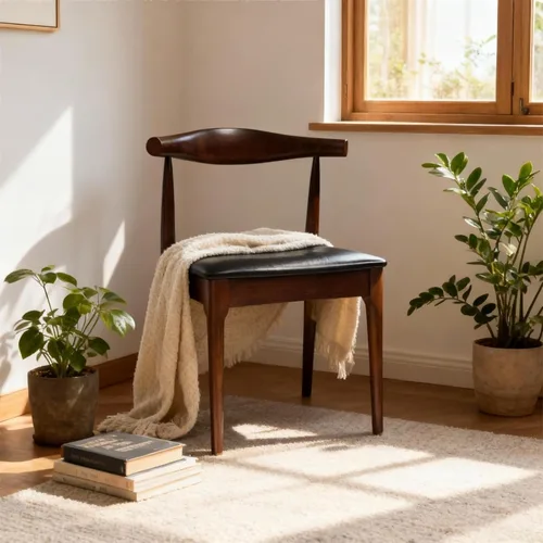 Miniatura 6 de Juego de 2 sillas de comedor de madera maciza, diseño moderno de espina de horquilla de mediados de siglo con elegante tapicería de cuero, sillas