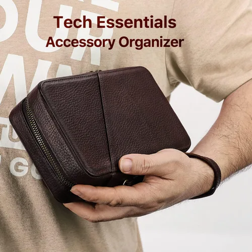 Miniatura 3 de Kit técnico de estuche organizador electrónico, cuero de grano superior hecho a mano, portátil compacto de viaje, accesorios electrónicos de viaje