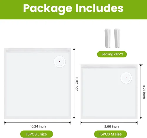 Miniatura 7 de FEPPO Bolsas selladoras al vacío para alimentos, 15 unidades de 8.3 x 8.7 pulgadas y 15 bolsas reutilizables de sellado al vacío de 10.2 x 11