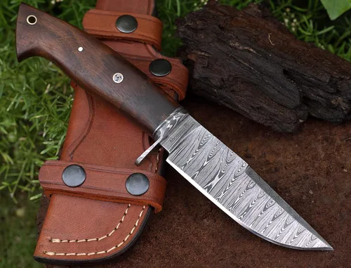 Miniatura 3 de Cuchillo de caza de Damasco hecho a mano con funda de cuero de transporte horizontal, hoja fija de espiga completa para camping, senderismo