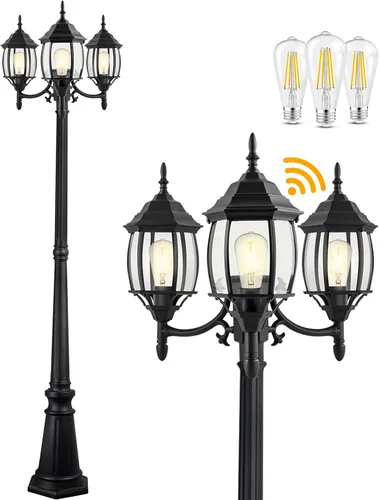 Miniatura 8 de PARTPHONER Lámpara de poste para exteriores, 3 cabezales, color negro clásico con paneles de vidrio transparente, base E26 máxima de 100 W