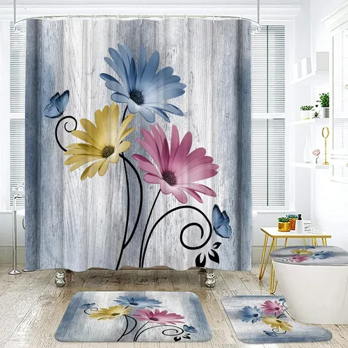Miniatura 16 de Onalasyc Juego de 4 Piezas de Cortinas de Ducha con Flores de Margaritas Azules y Plantas, Cortina de Ducha y Alfombra y Accesorios, Juego
